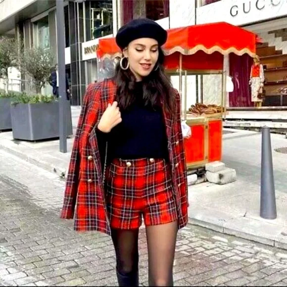 Zara Red Plaid Wool Blend Gold metallic Buttoned Shorts